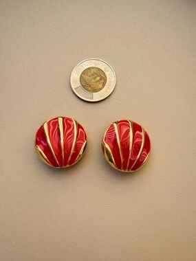 Vintage Red Enamel & Gold Dome Clip Earrings